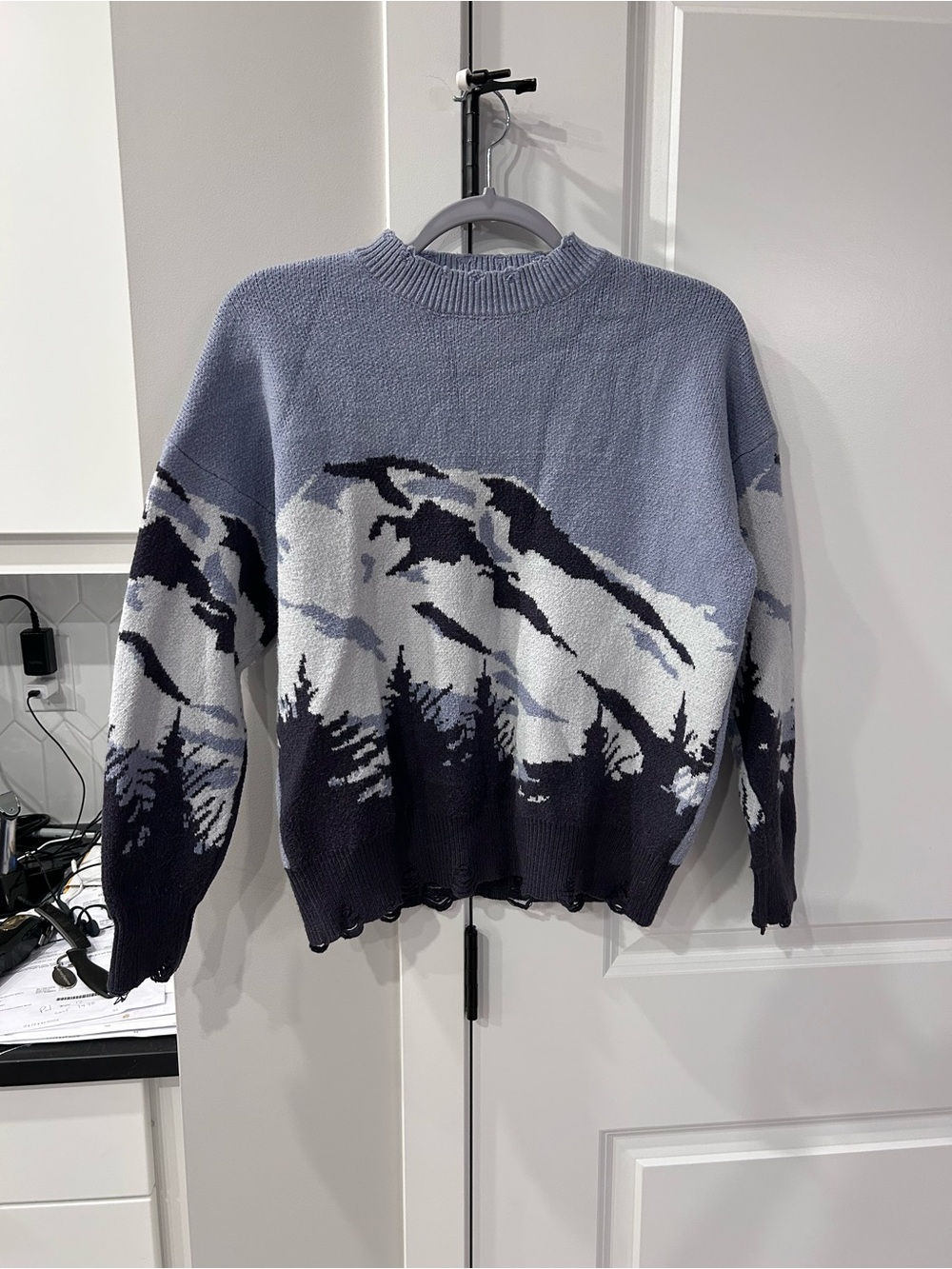 Oversized Distressed Knit Sweater Blue Gray Snowy Mountain Winter Landscape Cozy